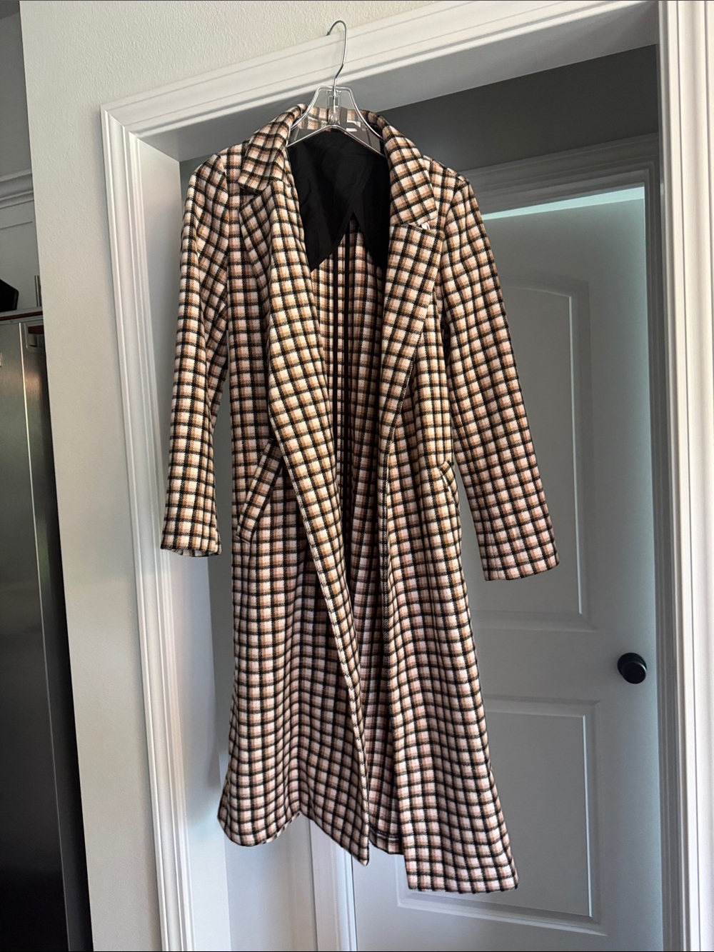 H&M Plaid Longline Women's Winter Soft Coat in Cream Charcoal & Brown Print